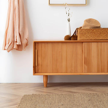 39.4" Rustic Storage Bench with Storage Sliding Doors Adjustable Shelf Natural Pine Wood